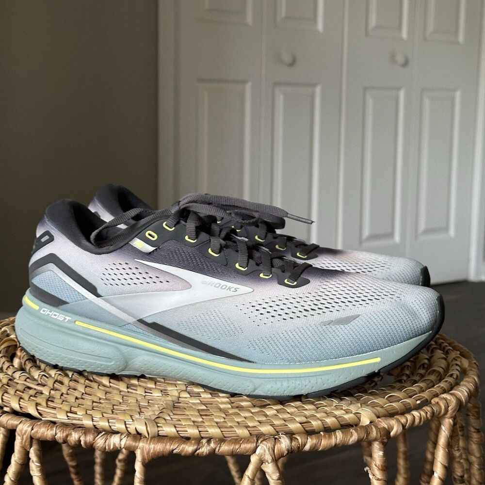 Brooks Ghost Running Shoes in Light Gray with Neon Yellow Trim